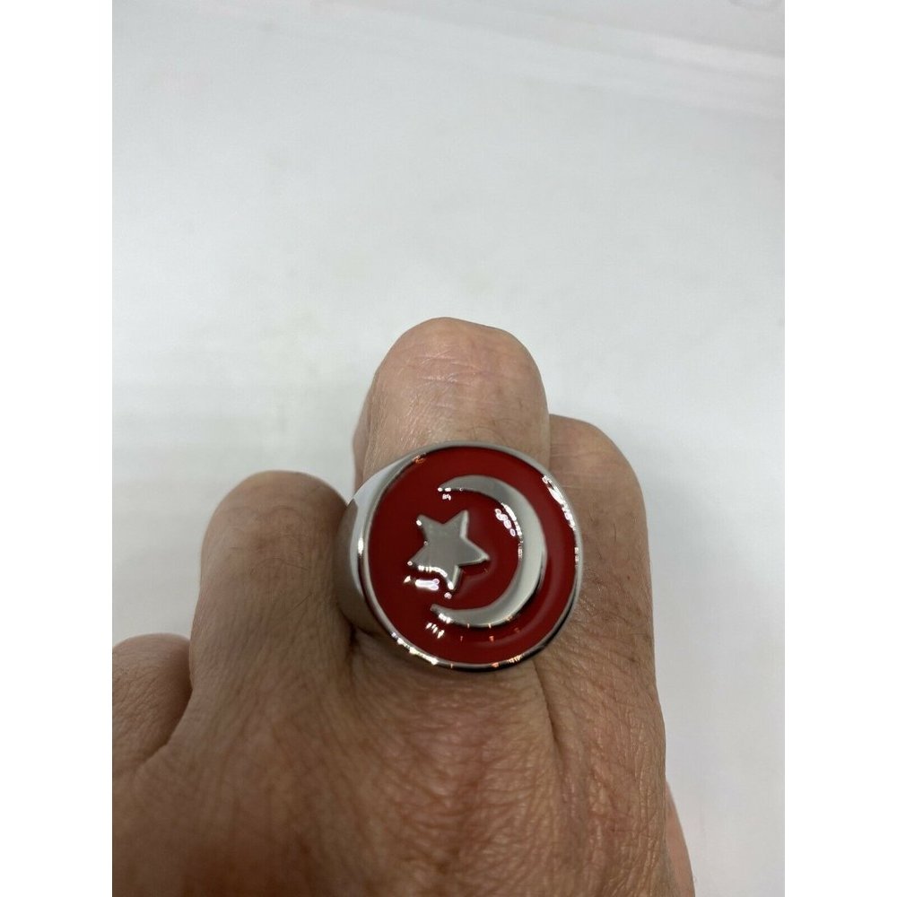 Vintage Muslim Star Red Enamel Ring Silver Stainle